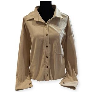 vintage light brown ribbed corduroy collared button up shacklet long sleeve top